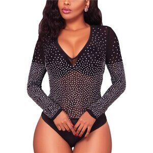 Women Long Sleeves Mesh See Through Jumpsuit Bodysuit Top Leotard